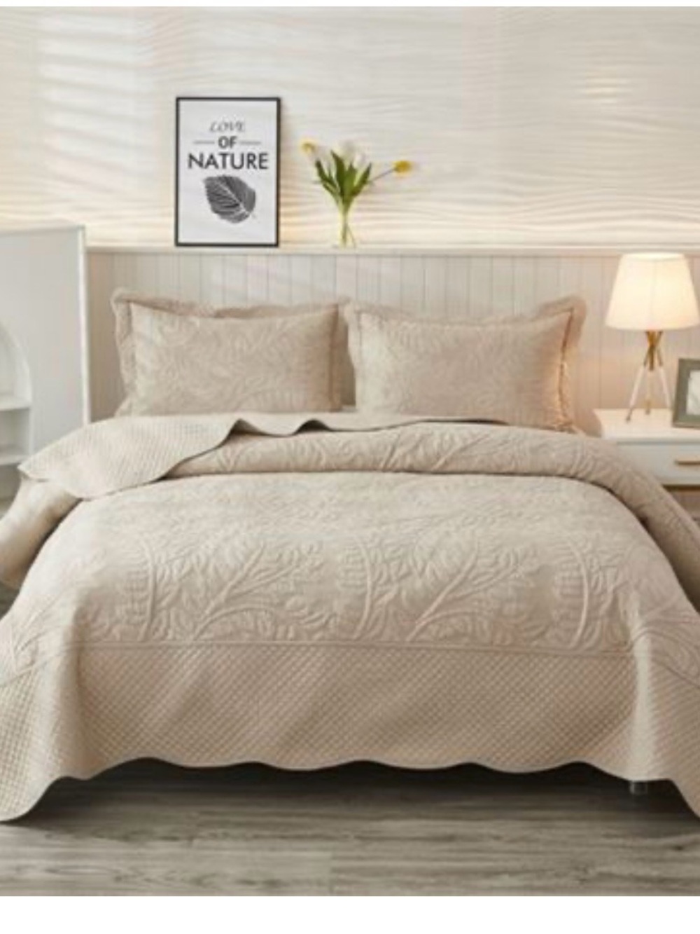 MarCielo 3 Piece Cotton Oversized Bedspread Quilt Set Tmonica - Natural Beige